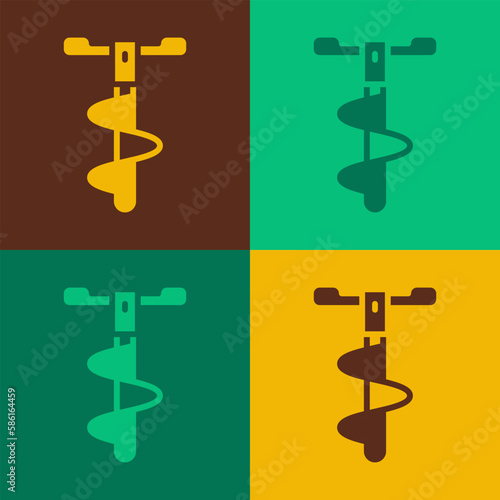 Pop art Hand ice drill for winter fishing icon isolated on color background. Vector