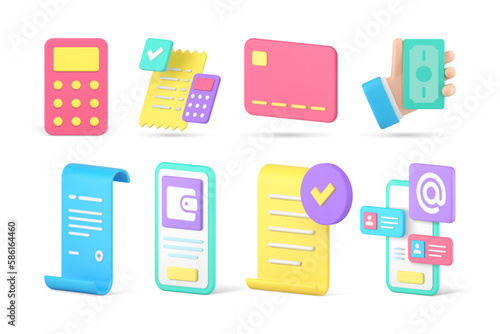 Financial payment internet banking accounting e money transaction smartphone app set 3d icon vector