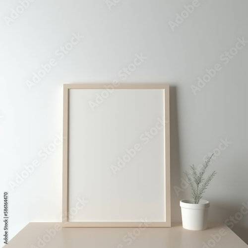 Mock up wooden frame and white portrait frame on the vintage white wall. 3D illustrations, decoration, generative AI.