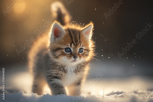 Little angora kitten walkinf on the snow, Generative AI