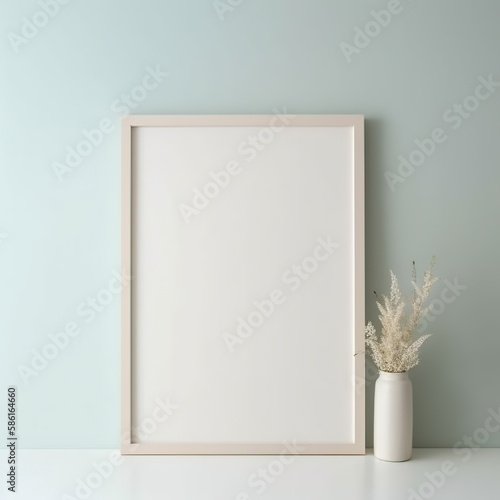 Vertical wooden frame and white portrait frame mock up on the vintage white wall. 3D illustrations, decoration, generative AI. photo