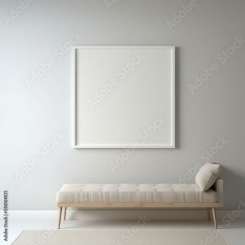 Square wooden frame and white portrait frame mock up on the vintage white wall. 3D illustrations, decoration, generative AI. photo