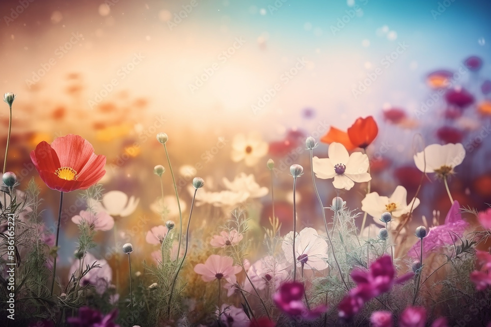 Obraz premium Soft spring summer landscape with colorful wildflowers and blue sky. Generative AI.