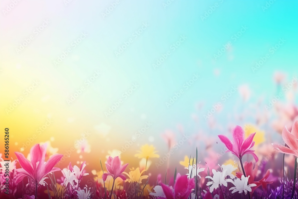 Fototapeta premium Soft spring summer landscape with colorful wildflowers and blue sky. Generative AI.