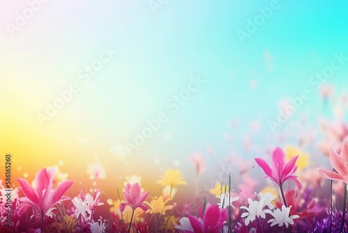 Soft spring summer landscape with colorful wildflowers and blue sky. Generative AI.