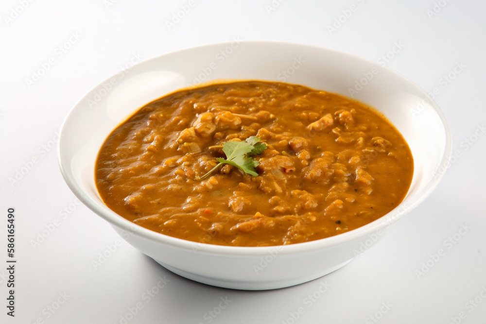 A bowl of red lentil soup with a cilantro leaf on top, gen art