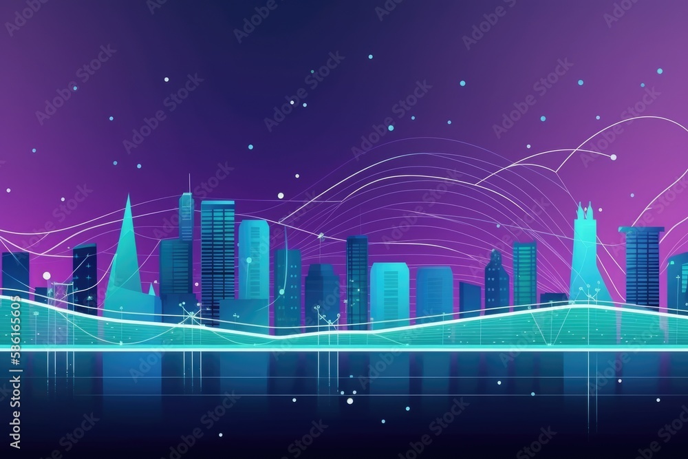 Flat illustration of smart city and abstract dot point connect with gradient line in Lavender & teal, big data connection technology concept, created with Generative AI
Flat illustration of smart city and abstract dot point connect with gradient line in Lavender & teal, big data connection technology concept, created with Generative AI