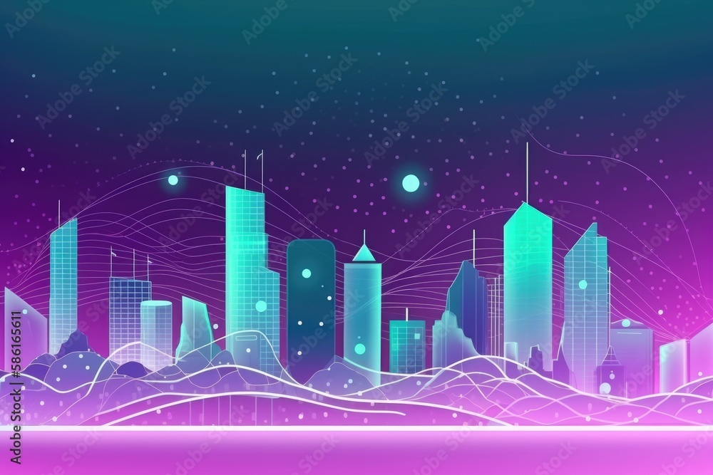 Flat illustration of smart city and abstract dot point connect with gradient line in Lavender & teal, big data connection technology concept, created with Generative AI
