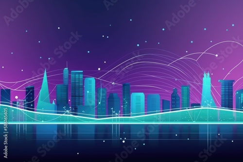 Flat illustration of smart city and abstract dot point connect with gradient line in Lavender & teal, big data connection technology concept, created with Generative AI 