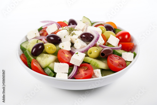 A bowl of greek salad with feta cheese, feta, and onion, gen art