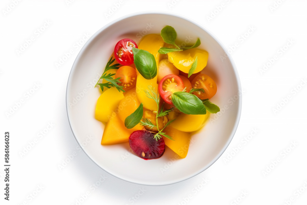 A bowl of mango salad with tomatoes and basil, gen art A bowl of mango salad with tomatoes and basil, gen art