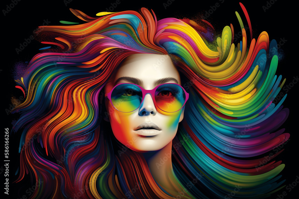 A colorful portrait of a woman with rainbow hair