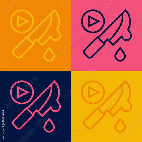 Pop art line Thriller movie icon isolated on color background. Bloody knife. Suspenseful cinema genre, survival horror. Shocking films with gore and violence. Vector