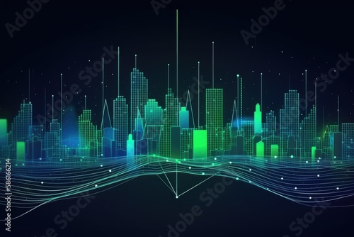Flat illustration of smart city and abstract dot point connect with gradient linein Lime green & electric blue, big data connection technology concept, created with Generative AI
 photo
