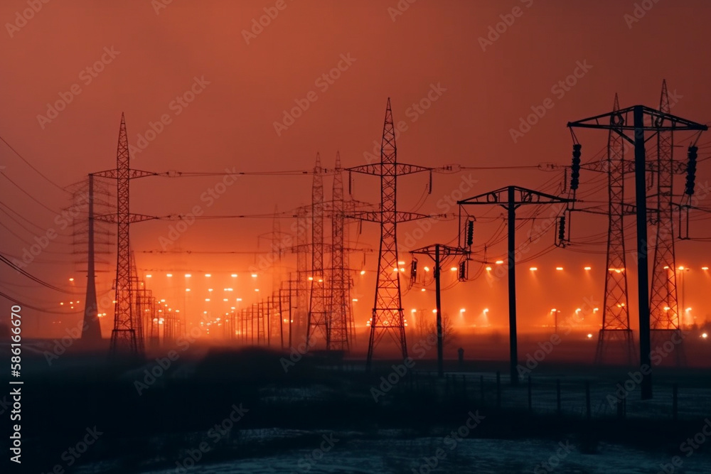 Smoke and pollution power plants Dirty orange air. AI Generative.