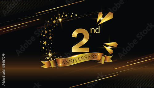 02nd anniversary logo with golden ring, confetti and red ribbon isolated on elegant black background, sparkle, vector design for greeting card and invitation card photo