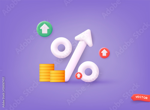 Icon percent with arrow. Market analysis, investment or interest rate. 3D Web Vector Illustrations.  3D Web Vector Illustrations.
