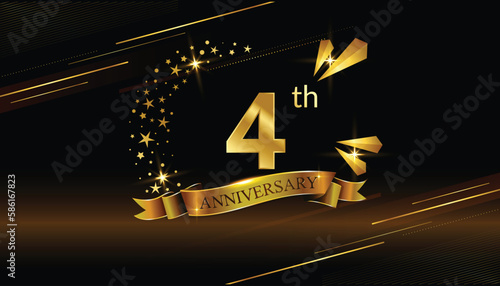 04th anniversary logo with golden ring, confetti and red ribbon isolated on elegant black background, sparkle, vector design for greeting card and invitation card photo