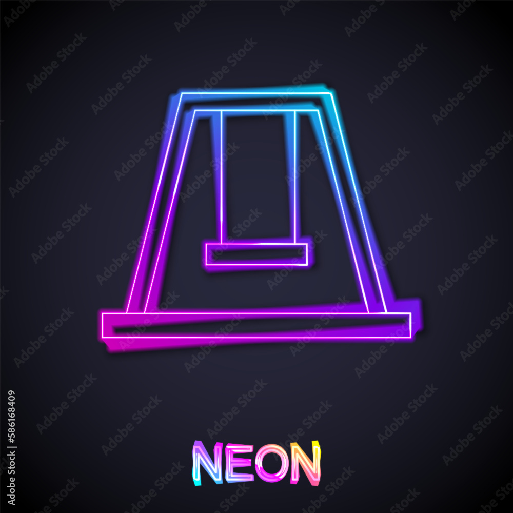 Glowing neon line Swing for kids summer games on playground icon isolated on black background. Outdoor entertainment equipment. Vector Glowing neon line Swing for kids summer games on playground icon isolated on black background. Outdoor entertainment equipment. Vector