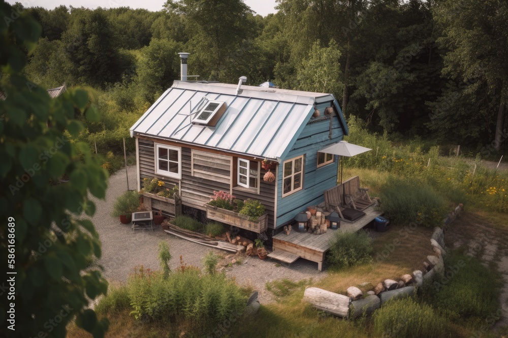 Secluded wooden tiny house in beautiful nature,created with Generative AI
