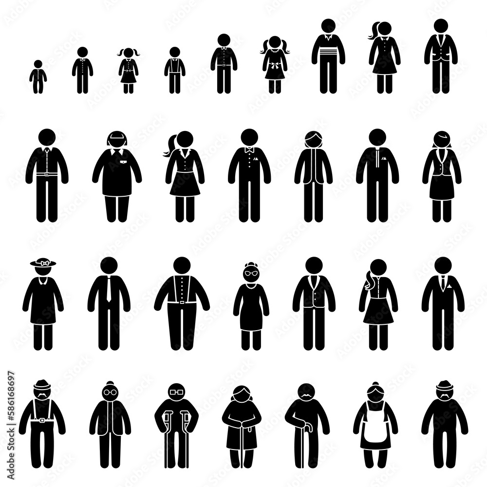 Diversity stick figure man woman people vector illustration set. Different generation big crowd family stickman icon silhouette pictogram Diversity stick figure man woman people vector illustration set. Different generation big crowd family stickman icon silhouette pictogram