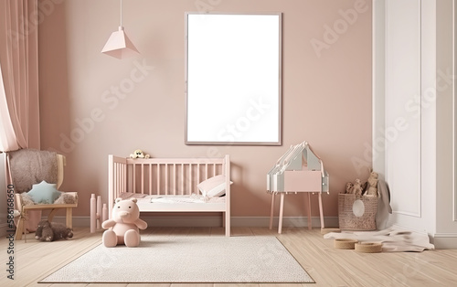 Modern scandinavian children room interior with mockup transparent png poster. natural toys  teddy bear and rabbit. Minimalistic and cozy interior with pink walls. Generative AI