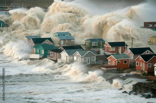 big waves hitting houses. gobal warming and sea level rise. generative ai photo