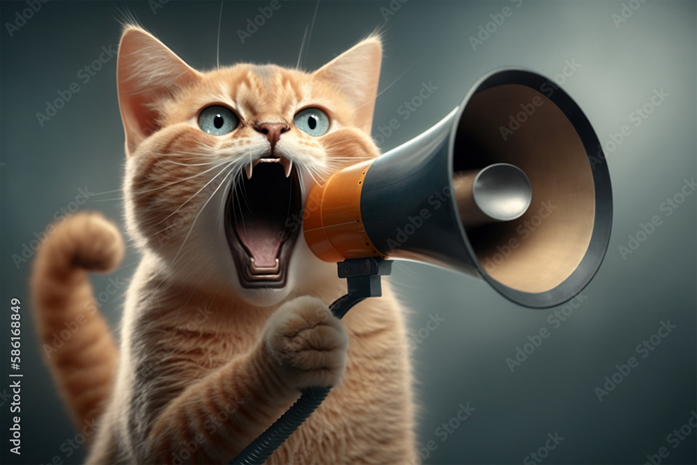 Fototapeta premium The portrait of a protesting cat shouting aggressively into megaphone during conflict. Generative AI