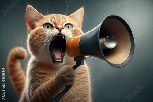 The portrait of a protesting cat shouting aggressively into megaphone during conflict. Generative AI