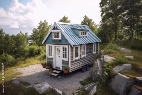 Secluded wooden tiny house in beautiful nature,created with Generative AI 