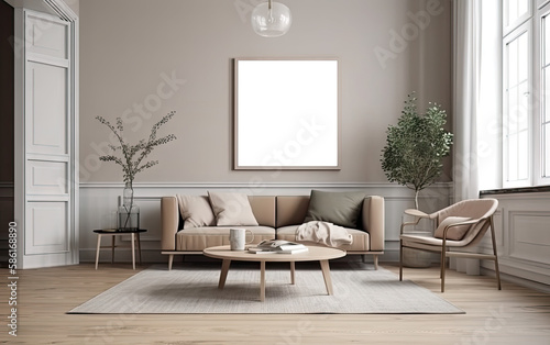 Mockup frame poster Interior design of cozy living room with stylish sofa  coffee table  dired flowers in vase  carpet decoration pillows  plaid and personal accessories in modern home decor. Transpar