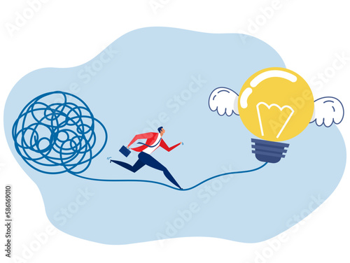 Simplification streamlining process ,businessman walking away from mess chaos line to simple lightbulb idea discover easy way from straight and curve vector illustration