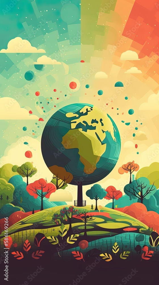 Naklejka premium Celebrate Earth Day with a captivating hand-drawn illustration featuring a colorful planet and environmental symbols. Boasting soft colors, bold outlines, and cel shading in a cartoon style.