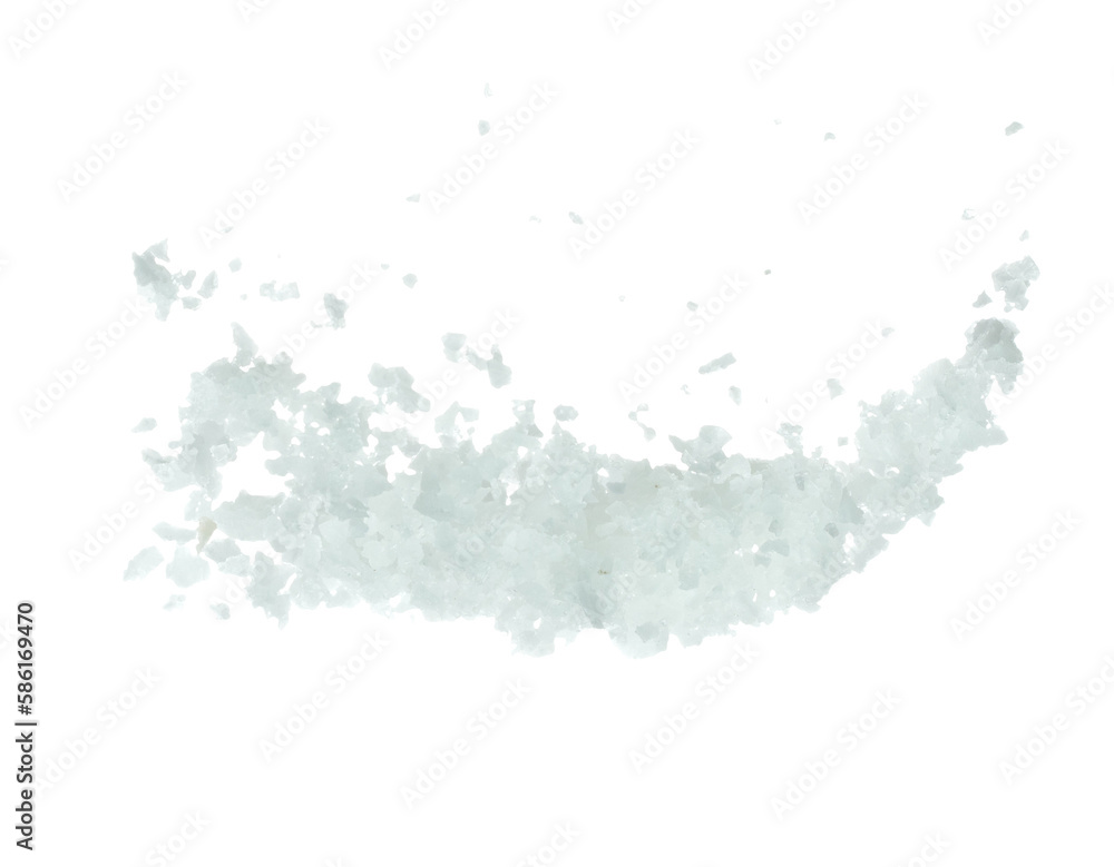 Fototapeta premium Salt rock flower fly explosion, white Salt rock flower explode abstract cloud fly. Big size ground salt splash in air, food object element design. White background isolated high speed freeze motion
