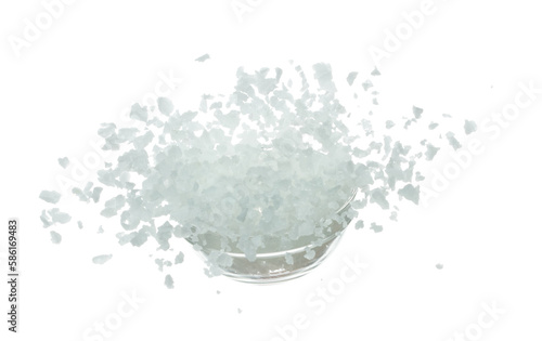 Salt rock flower pour fall in bowl, white Salt rock flower cook abstract cloud fly. Big size ground salt splash in air, food object element design. White background isolated high speed freeze motion