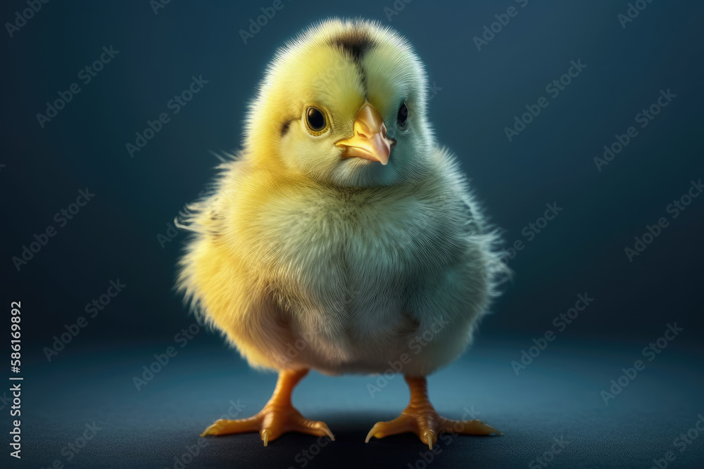 Cute little yellow chicken with a black tuft stands tall on an isolated blue background. Generative AI.