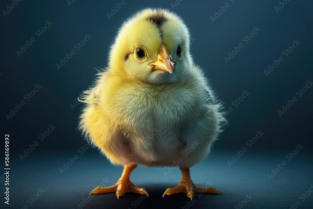Cute little yellow chicken with a black tuft stands tall on an isolated blue background. Generative AI. Cute little yellow chicken with a black tuft stands tall on an isolated blue background. Generative AI.
