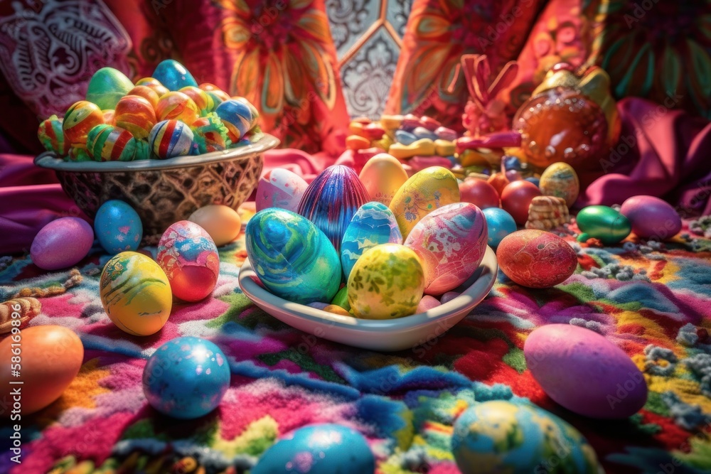 Vibrant Rainbow Coloured Easter Eggs on a candy land themed background. Generative AI Illustration