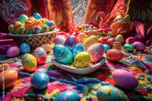 Vibrant Rainbow Coloured Easter Eggs on a candy land themed background. Generative AI Illustration
