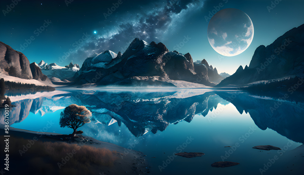 Euphoric landscape view on a planet in space. Blue planet with water. AI-generated art Euphoric landscape view on a planet in space. Blue planet with water. AI-generated art