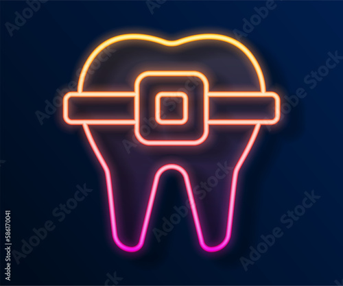 Glowing neon line Teeth with braces icon isolated on black background. Alignment of bite of teeth, dental row with with braces. Dental concept. Vector
