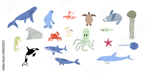 Sea animals. Cute aquatic fish  turtle  whale  narwhal  dolphin  octopus  starfish  crab  jellyfish  seal and other. Kids vector illustration.