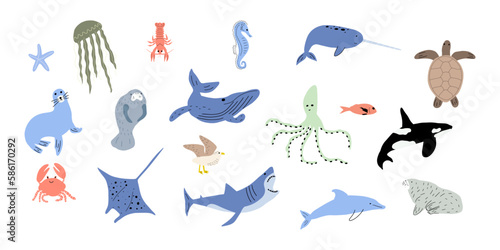 Sea animals. Cute aquatic fish, turtle, whale, narwhal, dolphin, octopus, starfish, crab, jellyfish, seal and other. Kids vector illustration.