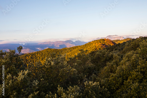 Autumn sunrise in the top of mountain in La Garrotxa, Spain