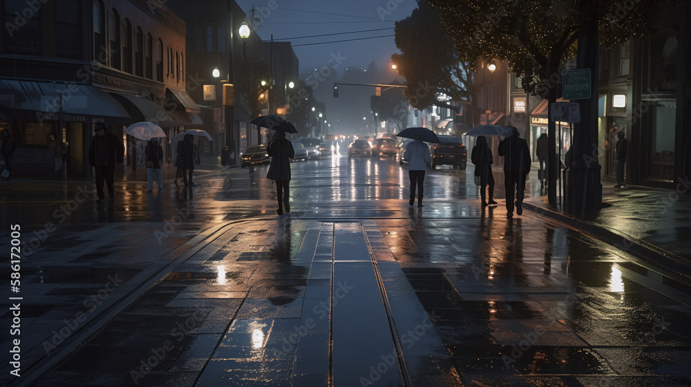people walking on the street at rainy night generative ai
