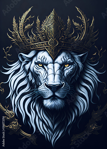 White lion head wearing a crown with a golden pattern hyper-detailed illustration, Generative AI