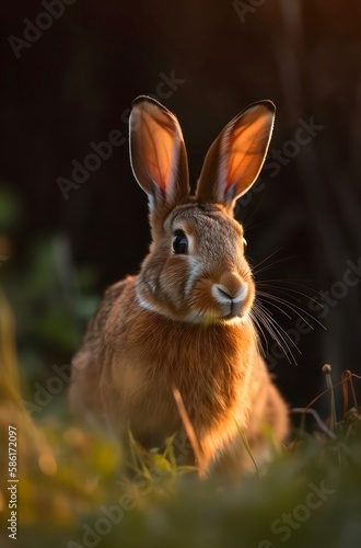 Wild brown rabbit in the grass. Generative AI. © Hanna