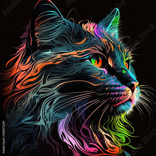 illustration of a cat, colorful, vibrant, abstract, black background, neon, generated by generative ai