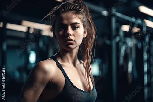 portrait of a sports girl athlete in training in gym. Generative AI © alexkoral