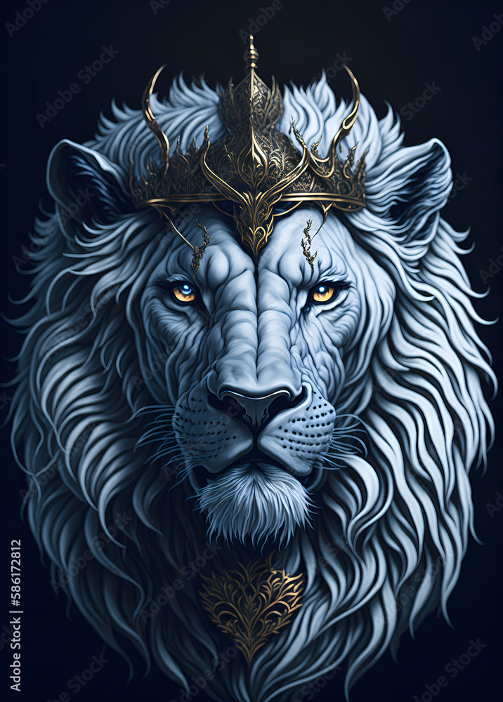 White lion head wearing a crown with a golden pattern hyper-detailed illustration, Generative AI White lion head wearing a crown with a golden pattern hyper-detailed illustration, Generative AI